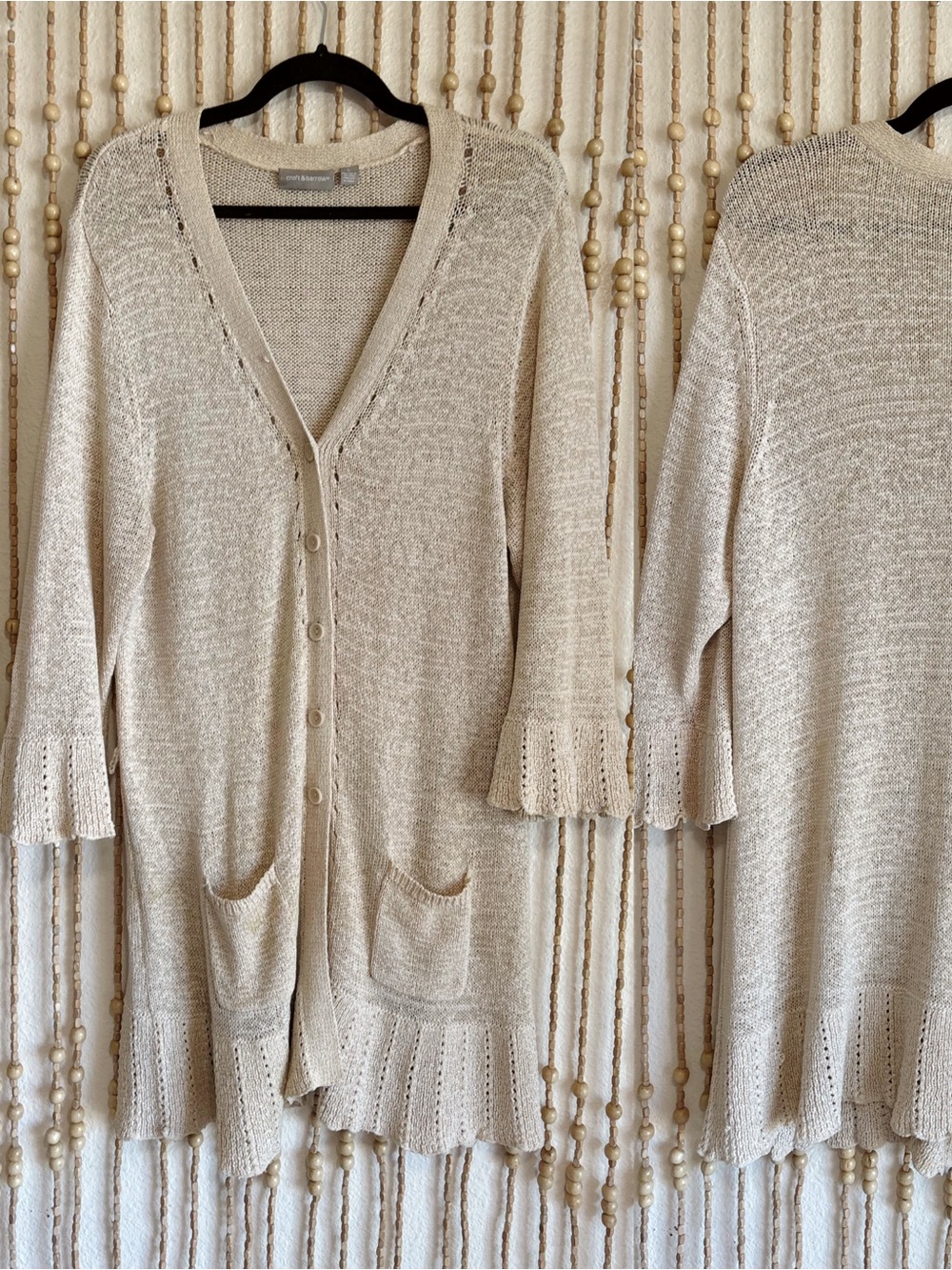 Cream Knit Button Down Ruffle Hem Cotton V Neck Pocket Long Sweater Boho Cottage